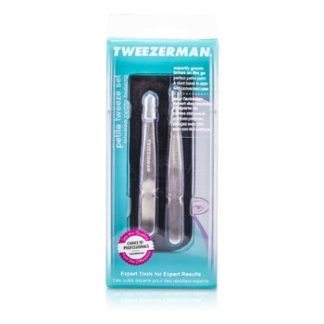 TWEEZERMAN PETITE TWEEZE SET: SLANT TWEEZER + POINT TWEEZER - (WITH BLACK LEATHER CASE) 2PCS