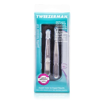 TWEEZERMAN PETITE TWEEZE SET: SLANT TWEEZER + POINT TWEEZER - (WITH BLACK LEATHER CASE) 2PCS