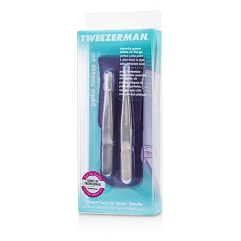 TWEEZERMAN PETITE TWEEZE SET: SLANT TWEEZER + POINT TWEEZER - (WITH LAVENDAR LEATHER CASE) 2PCS