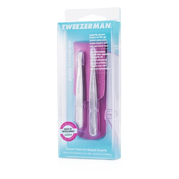 TWEEZERMAN PETITE TWEEZE SET: SLANT TWEEZER + POINT TWEEZER - (WITH PINK CASE) 2PCS