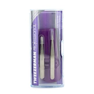 TWEEZERMAN PROFESSIONAL PETITE TWEEZE SET: SLANT TWEEZER + POINT TWEEZER - (WITH LAVENDAR LEATHER CASE) 2PCS