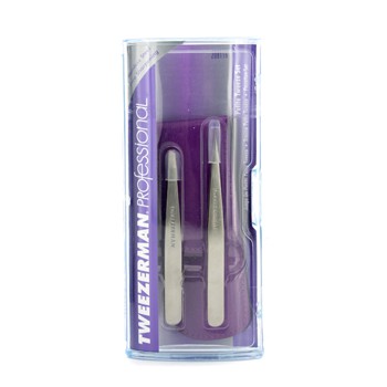 TWEEZERMAN PROFESSIONAL PETITE TWEEZE SET: SLANT TWEEZER + POINT TWEEZER - (WITH LAVENDAR LEATHER CASE) 2PCS