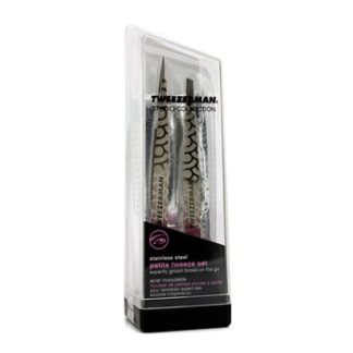 TWEEZERMAN PETITE TWEEZE SET: SLANT TWEEZER + POINT TWEEZER - (REGENCY FINISH W/ SILVER LEATHER CASE) 2PCS