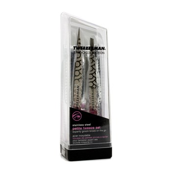 TWEEZERMAN PETITE TWEEZE SET: SLANT TWEEZER + POINT TWEEZER - (REGENCY FINISH W/ SILVER LEATHER CASE) 2PCS
