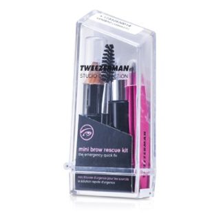 TWEEZERMAN MINI BROW RESCUE KIT: SLANT TWEEZER + BROWMOUSSE + BROW BRUSH + EYENHANCE BROW HIGHLIGHTER (STUDIO COLLECTION) 4PCS+1CASE