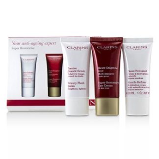 CLARINS SUPER RESTORATIVE 50+ ANTI-AGEING SKINCARE SET: GENTLE REFINER 30ML+SUPER RESTORATIVE DAY CREAM 30ML+BEAUTY FLASH BALM 30ML  3PCS