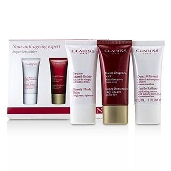 CLARINS SUPER RESTORATIVE 50+ ANTI-AGEING SKINCARE SET: GENTLE REFINER 30ML+SUPER RESTORATIVE DAY CREAM 30ML+BEAUTY FLASH BALM 30ML  3PCS