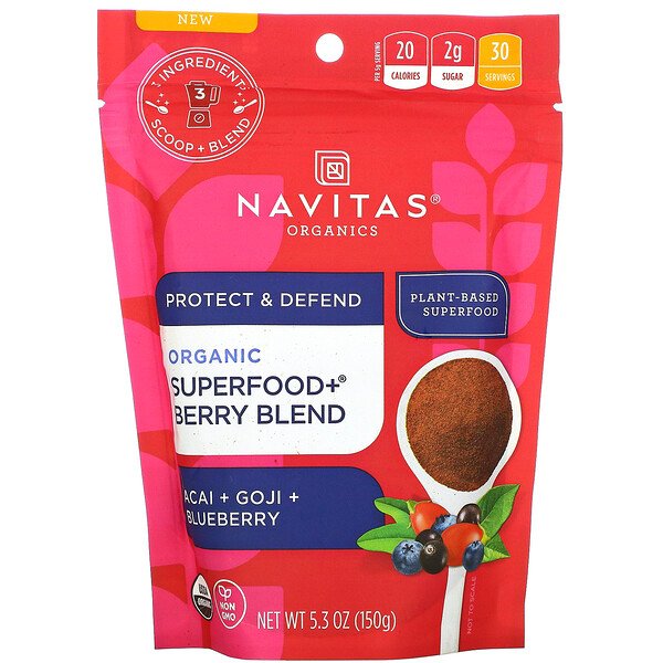 Navitas Organics, Organic Superfood+ Berry Blend, Acai + Goji + Blueberry, 5 Navitas Organics, Organic Superfood+ Berry Blend, Acai + Goji + Blueberry, 5.3 oz (150 g)