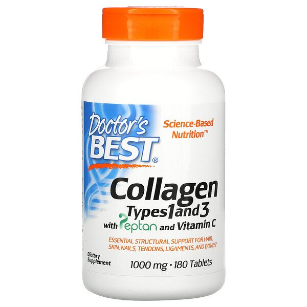 Doctor's Best, Collagen Types 1 and 3 with Peptan and Vitamin C, 1,000 mg, 180 Tablets 1 Doctor's Best, Collagen Types 1 and 3 with Peptan and Vitamin C, 1,000 mg, 180 Tablets