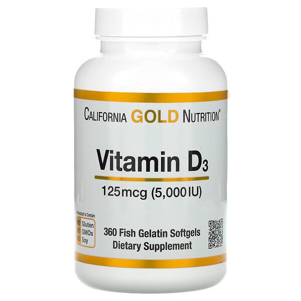 California Gold Nutrition, Vitamin D3, 125 mcg (5,000 IU), 360 Fish Gelatin Softgels 1 California Gold Nutrition, Vitamin D3, 125 mcg (5,000 IU), 360 Fish Gelatin Softgels
