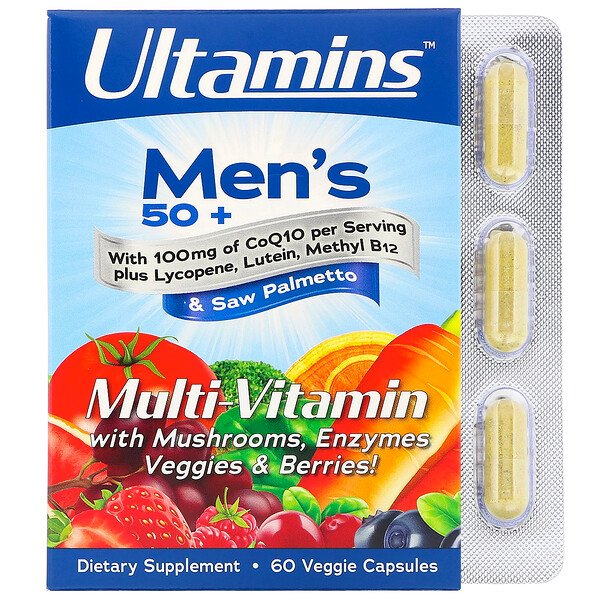 Ultamins, Men's 50+ Multivitamin with CoQ10, Mushrooms, Enzymes, Veggies & Berries, 60 Veggie Capsules 1 Ultamins, Men's 50+ Multivitamin with CoQ10, Mushrooms, Enzymes, Veggies & Berries, 60 Veggie Capsules