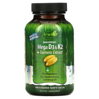 Irwin Naturals, High Potency Mega D3 & K2 + Turmeric Extract, 60 Liquid Soft-Gels