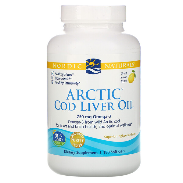 Nordic Naturals, Arctic Cod Liver Oil, Lemon, 250 mg, 180 Soft Gels 1 Nordic Naturals, Arctic Cod Liver Oil, Lemon, 250 mg, 180 Soft Gels