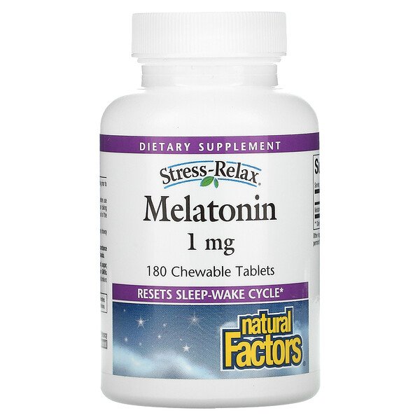Natural Factors, Stress-Relax, Melatonin, 1 mg, 180 Chewable Tablets 1 Natural Factors, Stress-Relax, Melatonin, 1 mg, 180 Chewable Tablets