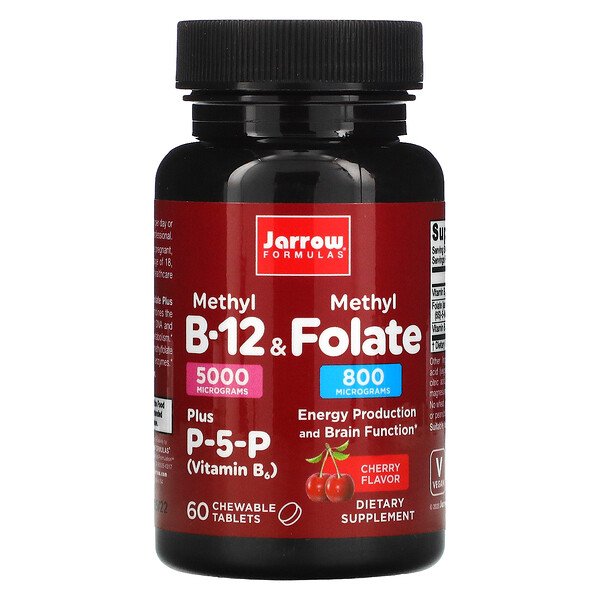 Jarrow Formulas, Methyl B-12 & Methyl Folate, Cherry Flavor, 5000 mcg / 800 mcg, 60 Chewable Tablets 1 Jarrow Formulas, Methyl B-12 & Methyl Folate, Cherry Flavor, 5000 mcg / 800 mcg, 60 Chewable Tablets