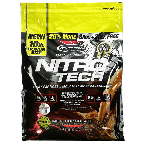 Muscletech, Nitro Tech, Whey Peptides & Isolate Lean Musclebuilder, Milk Chocolate, 10 lbs (4 Muscletech, Nitro Tech, Whey Peptides & Isolate Lean Musclebuilder, Milk Chocolate, 10 lbs (4.54 kg)