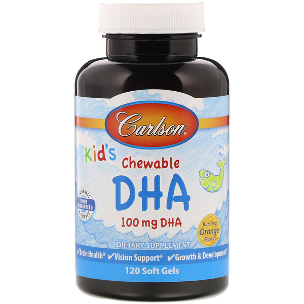 Carlson Labs, Kid's Chewable DHA, Bursting Orange Flavor, 100 mg, 120 Soft Gels 1 Carlson Labs, Kid's Chewable DHA, Bursting Orange Flavor, 100 mg, 120 Soft Gels
