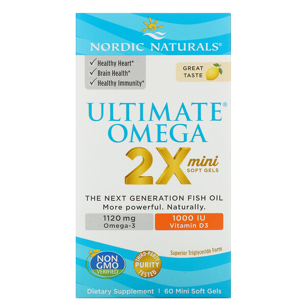 Nordic Naturals, Ultimate Omega 2X Mini with Vitamin D3, Lemon, 60 Mini Soft Gels 1 Nordic Naturals, Ultimate Omega 2X Mini with Vitamin D3, Lemon, 60 Mini Soft Gels