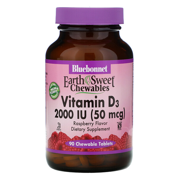 Bluebonnet Nutrition, EarthSweet Chewables, Vitamin D3, Natural Raspberry Flavor, 2,000 IU, 90 Chewable Tablets 1 Bluebonnet Nutrition, EarthSweet Chewables, Vitamin D3, Natural Raspberry Flavor, 2,000 IU, 90 Chewable Tablets