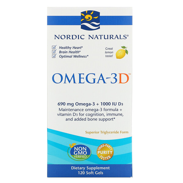 Nordic Naturals, Omega-3D, Lemon, 120 Soft Gels 1 Nordic Naturals, Omega-3D, Lemon, 120 Soft Gels