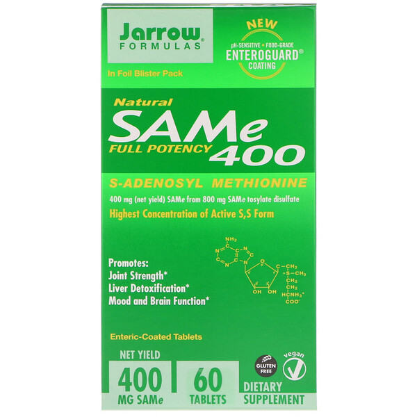 Jarrow Formulas, Natural SAM-e (S-Adenosyl-L-Methionine) 400, 400mg, 60 Enteric-Coated Tablets 1 Jarrow Formulas, Natural SAM-e (S-Adenosyl-L-Methionine) 400, 400mg, 60 Enteric-Coated Tablets
