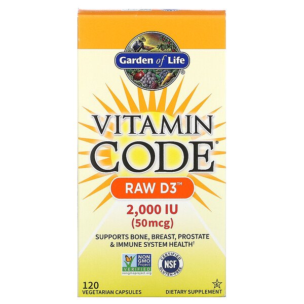 Garden of Life, Vitamin Code, RAW D3, 50 mcg (2,000 IU), 120 Vegetarian Capsules 1 Garden of Life, Vitamin Code, RAW D3, 50 mcg (2,000 IU), 120 Vegetarian Capsules