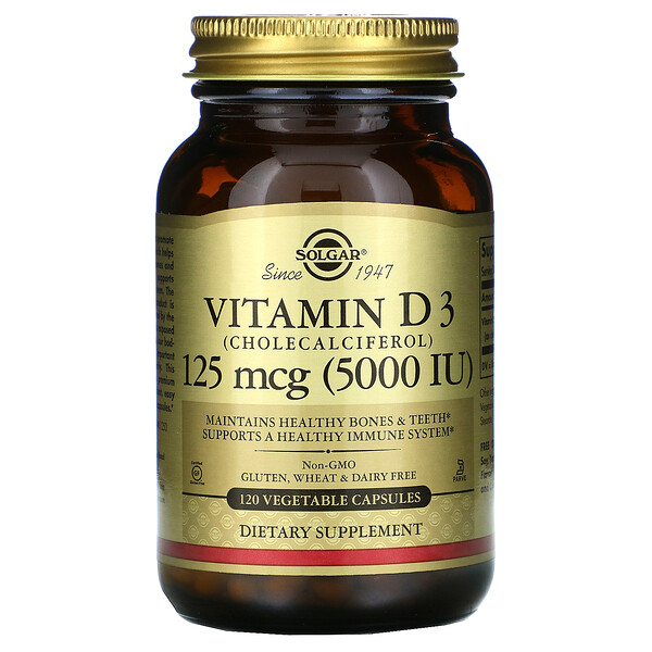 Solgar, Vitamin D3 (Cholecalciferol), 125 mcg (5000 IU), 120 Vegetable Capsules 1 Solgar, Vitamin D3 (Cholecalciferol), 125 mcg (5000 IU), 120 Vegetable Capsules