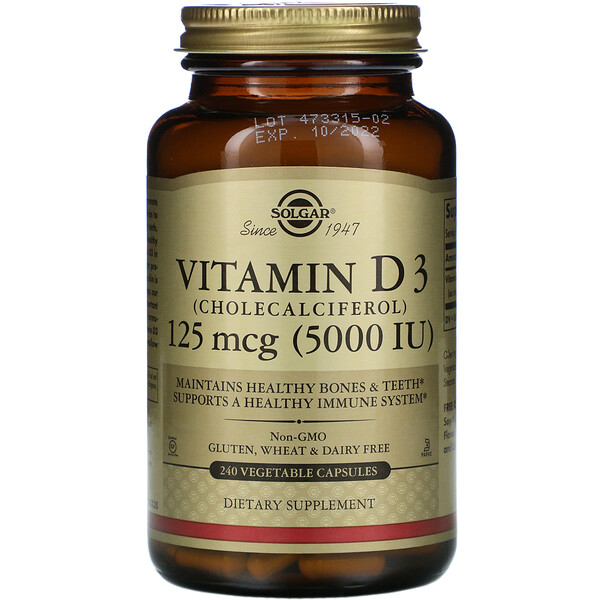 Solgar, Vitamin D3 (Cholecalciferol), 125 mcg (5,000 IU), 240 Vegetable Capsules 1 Solgar, Vitamin D3 (Cholecalciferol), 125 mcg (5,000 IU), 240 Vegetable Capsules