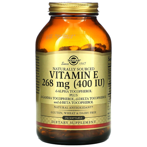Solgar, Naturally Sourced Vitamin E, 268 mg (400 IU), 250 Softgels 1 Solgar, Naturally Sourced Vitamin E, 268 mg (400 IU), 250 Softgels