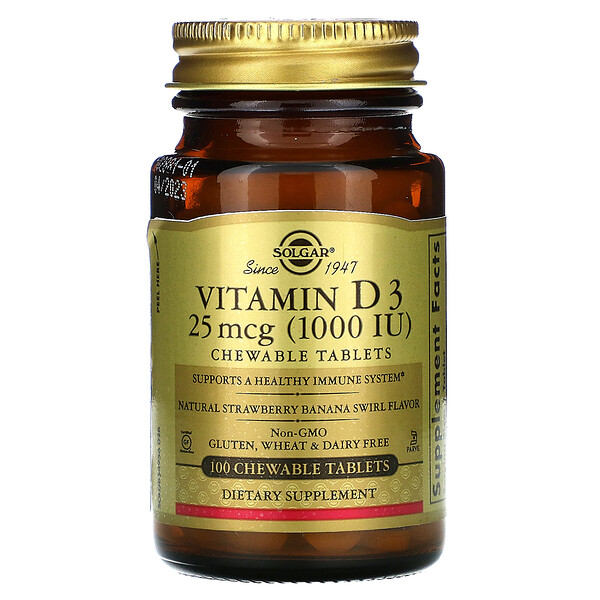 Solgar, Vitamin D3, Natural Strawberry Banana Swirl Flavor, 25 mcg (1,000 IU), 100 Chewable Tablets 1 Solgar, Vitamin D3, Natural Strawberry Banana Swirl Flavor, 25 mcg (1,000 IU), 100 Chewable Tablets