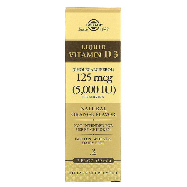 Solgar, Liquid Vitamin D3, Natural Orange Flavor, 125 mcg (5,000 IU), 2 fl oz (59 ml) 1 Solgar, Liquid Vitamin D3, Natural Orange Flavor, 125 mcg (5,000 IU), 2 fl oz (59 ml)