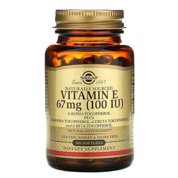 Solgar, Naturally Sourced Vitamin E, 67 mg (100 IU), 100 Softgels 1 Solgar, Naturally Sourced Vitamin E, 67 mg (100 IU), 100 Softgels