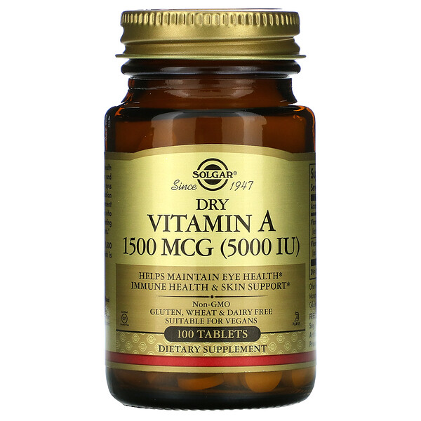 Solgar, Dry Vitamin A, 1,500 mcg (5,000 IU), 100 Tablets 1 Solgar, Dry Vitamin A, 1,500 mcg (5,000 IU), 100 Tablets