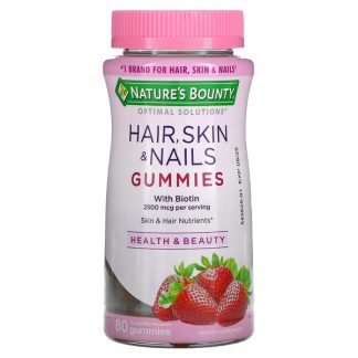 Nature's Bounty, Optimal Solutions, Hair, Skin & Nails Gummies with Biotin, Strawberry, 1,250 mcg, 80 Gummies