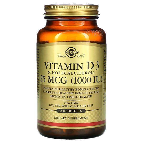 Solgar, Vitamin D3 (Cholecalciferol), 25 mcg (1,000 IU), 250 Softgels 1 Solgar, Vitamin D3 (Cholecalciferol), 25 mcg (1,000 IU), 250 Softgels