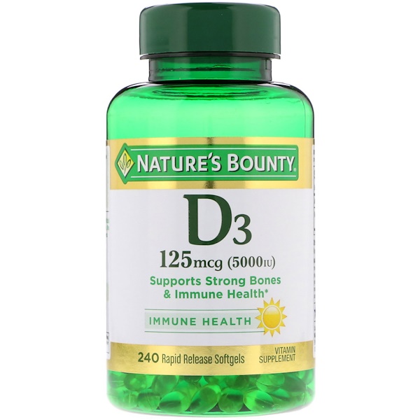 Nature's Bounty, D3, 125 mcg (5,000 IU), 240 Rapid Release Softgels 1 Nature's Bounty, D3, 125 mcg (5,000 IU), 240 Rapid Release Softgels