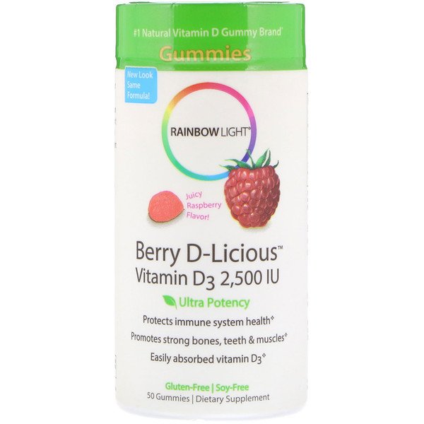 Rainbow Light, Berry D-Licious, Vitamin D3, Raspberry Flavor, 2,500 IU, 50 Gummies 1 Rainbow Light, Berry D-Licious, Vitamin D3, Raspberry Flavor, 2,500 IU, 50 Gummies