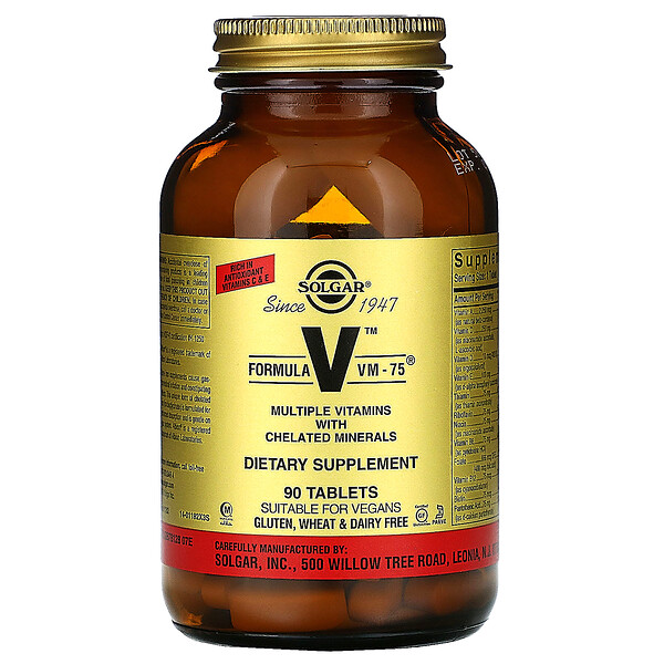 Solgar, Formula V, VM-75, Multiple Vitamins with Chelated Minerals, 90 Tablets 1 Solgar, Formula V, VM-75, Multiple Vitamins with Chelated Minerals, 90 Tablets
