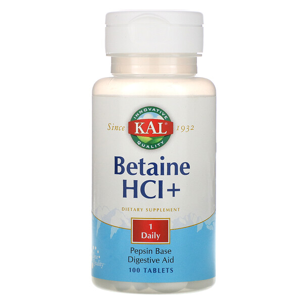 KAL, Betaine HCl+, 100 Tablets 1 KAL, Betaine HCl+, 100 Tablets