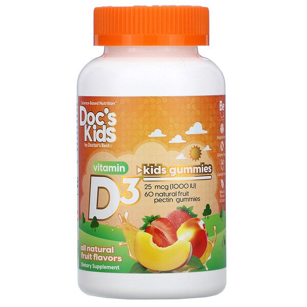 Doctor's Best, Doc's Kids, Vitamin D3 Gummies, All Natural Fruit Flavors, 25 mcg (1,000 IU), 60 Natural Fruit Pectin Gummies 1 Doctor's Best, Doc's Kids, Vitamin D3 Gummies, All Natural Fruit Flavors, 25 mcg (1,000 IU), 60 Natural Fruit Pectin Gummies
