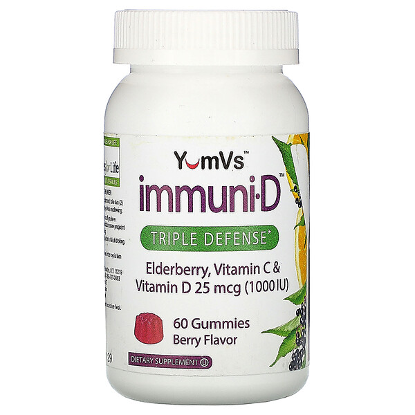 YumV's, Elderberry, Vitamin C & Vitamin D, Triple Defense, Berry Flavor, 25 mcg (1,000 IU), 60 Gummies 1 YumV's, Elderberry, Vitamin C & Vitamin D, Triple Defense, Berry Flavor, 25 mcg (1,000 IU), 60 Gummies