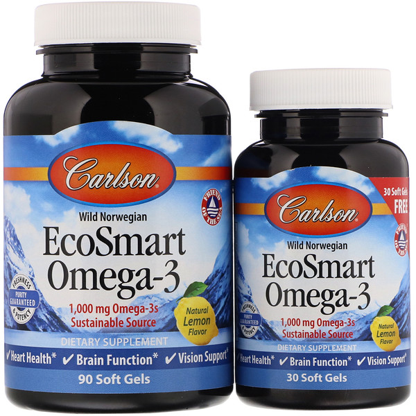 Carlson Labs, EcoSmart Omega-3, Natural Lemon Flavor, 1,000 mg, 90 + 30 Soft Gels 1 Carlson Labs, EcoSmart Omega-3, Natural Lemon Flavor, 1,000 mg, 90 + 30 Soft Gels