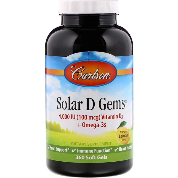 Carlson Labs, Solar D Gems, Natural Lemon Flavor, 100 mg (4,000 IU), 360 Soft Gels 1 Carlson Labs, Solar D Gems, Natural Lemon Flavor, 100 mg (4,000 IU), 360 Soft Gels