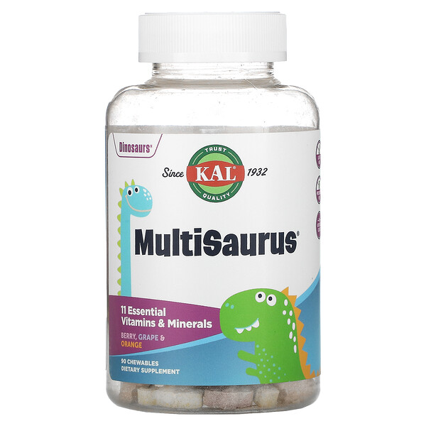 KAL, MultiSaurus, Berry, Grape & Orange, 90 Chewables 1 KAL, MultiSaurus, Berry, Grape & Orange, 90 Chewables