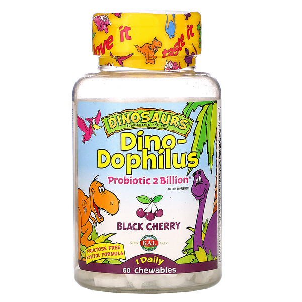 KAL, Dinosaurs, Dino-Dophilus, Black Cherry, 60 Chewables 1 KAL, Dinosaurs, Dino-Dophilus, Black Cherry, 60 Chewables