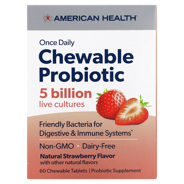 American Health, Once Daily Chewable Probiotic, Natural Strawberry, 5 Billion CFU, 60 Chewable Tablets 1 American Health, Once Daily Chewable Probiotic, Natural Strawberry, 5 Billion CFU, 60 Chewable Tablets