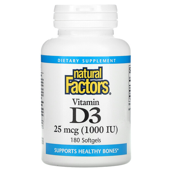 Natural Factors, Vitamin D3, 25 mcg (1,000 IU), 180 Softgels 1 Natural Factors, Vitamin D3, 25 mcg (1,000 IU), 180 Softgels