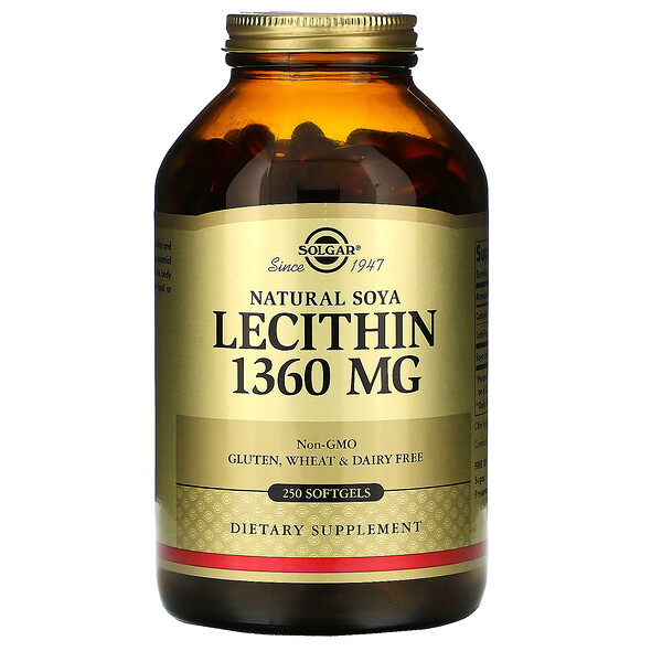 Solgar, Natural Soya Lecithin, 1,360 mg, 250 Softgels 1 Solgar, Natural Soya Lecithin, 1,360 mg, 250 Softgels