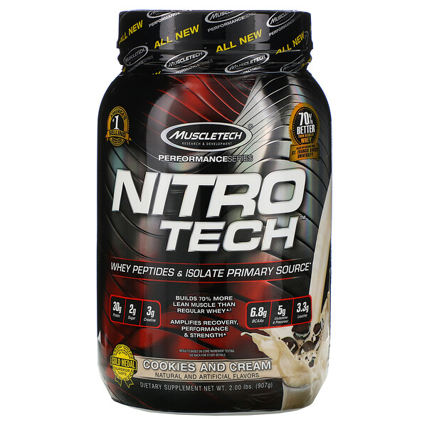 Muscletech, Nitro Tech, Whey Isolate + Lean Muscle Builder, Cookies and Cream, 2 Muscletech, Nitro Tech, Whey Isolate + Lean Muscle Builder, Cookies and Cream, 2.00 lbs (907 g)
