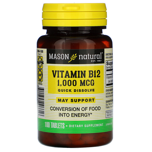 Mason Natural, Vitamin B-12, Quick Dissolve, 1,000 mcg, 100 Tablets 1 Mason Natural, Vitamin B-12, Quick Dissolve, 1,000 mcg, 100 Tablets